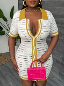 Slaydiva Große Größen Urlaub, Alltags- und eleganter sexy figurbetonter Kurzarm Hemd-Stil Cardigan, Farbblockdesign, gestrickt mit Hohlraumdesign Damen Mini Pulloverkleid, Frühling & Sommer - Gelb - Übersicht 6