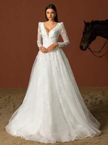 女士纯色简约网眼长袖连衣裙，适合日常穿着，白色优雅婚礼新娘礼服 - 白色 - 查看 2