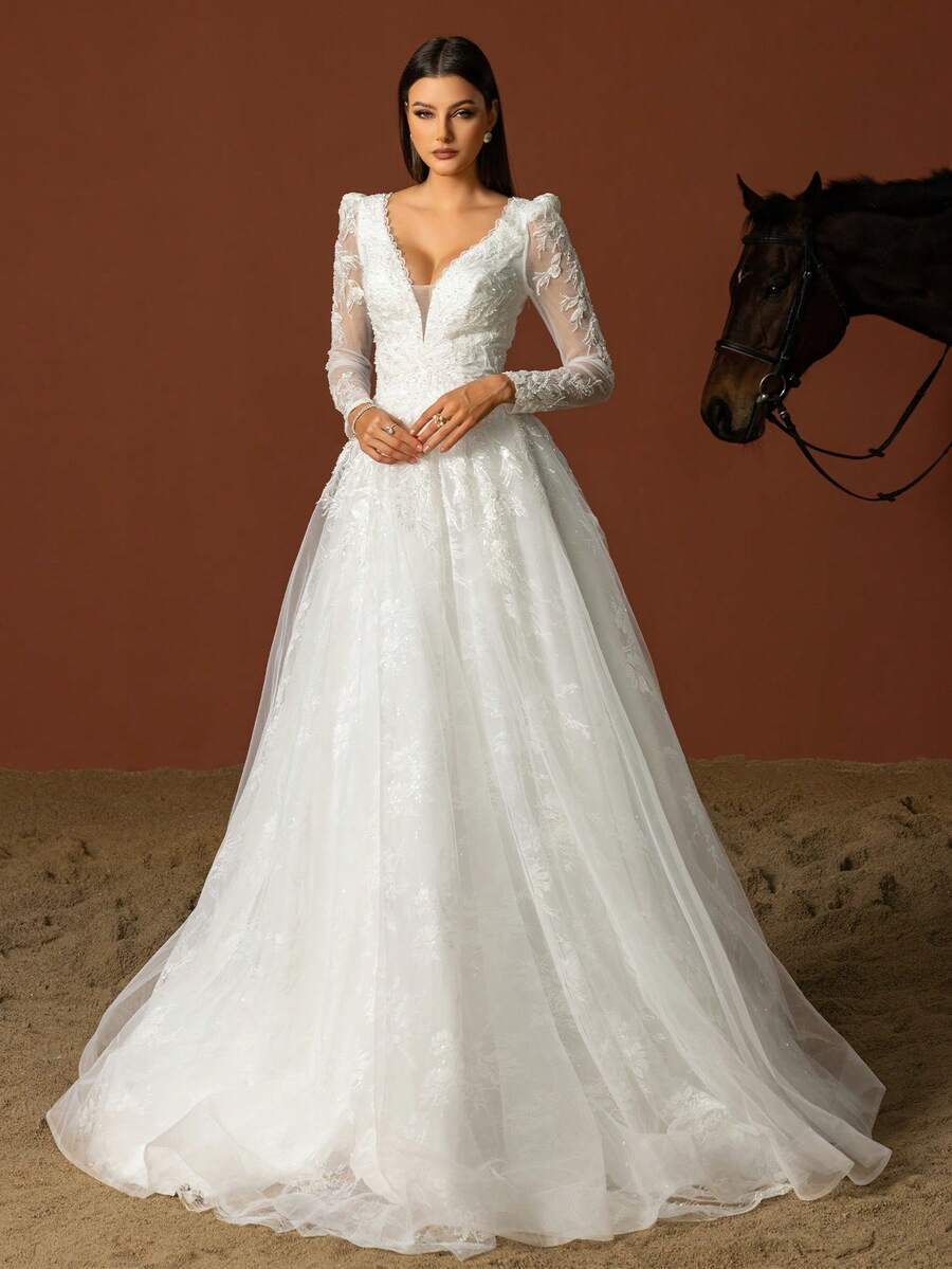 女士纯色简约网眼长袖连衣裙，适合日常穿着，白色优雅婚礼新娘礼服