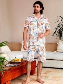 Manfinity ChillVibe Men's Floral Print Front Button Short Sleeve Shirt And Shorts Set, Casual Homewear For Summer