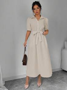 Selianne 纯色泡泡袖系带衬衫裙，适合夏季长款女装 - 杏色 - 查看 3