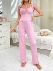 Bộ đồ mặc nhà trang trí nơ hồng giản dị cho nữ - Hồng - Xem 6