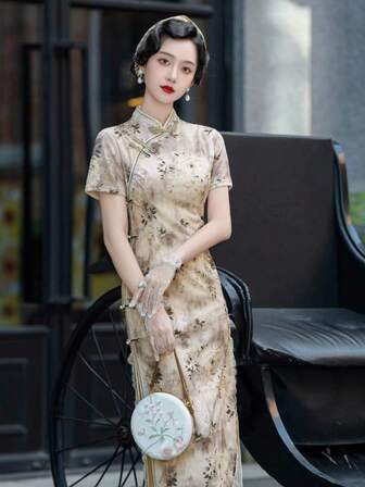 1pc Floral Print Short Sleeve Split Cheongsam Chinese Dress