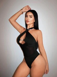 SHEIN SXY Sommerlicher, eleganter und sexy Damen-Bodysuit mit Mesh-Einsätzen, spielerischen Ausschnitten und halterlosem Design - Schwarz - Übersicht 8