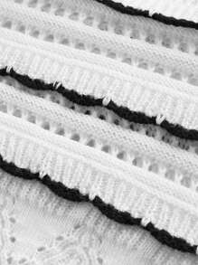 SHEIN MOD 白色撞色边花卉蕾丝波浪纹理针织背心，返校服装，复古风格，休闲女装，冬装 - 白色 - 查看 3