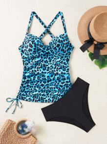 Swim Lushoire 全印花側邊束繩背心配實色三角比基尼底部，夏季沙灘泳衣套裝2件（印花隨機） - 藍色 - 查看 3
