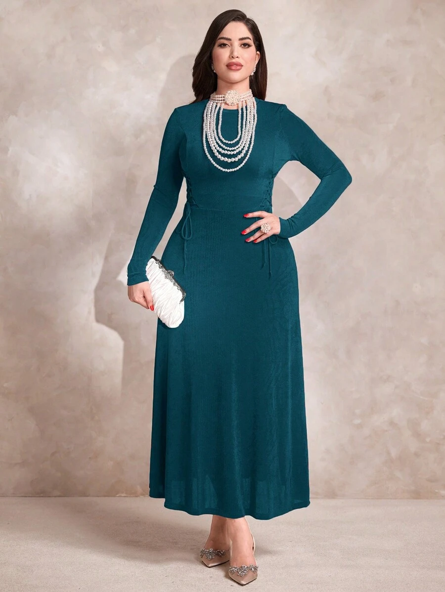 Modelyn Solid Mock Neck Long Sleeve Dress - Teal Blue - View 1
