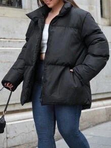 RueChic Plus Women's Puffer Winter Coat - Beige - View 1