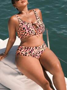 SHEIN Swim Curve 大码女式豹纹前系带比基尼曲线上衣和比基尼下装夏季 - 彩色 - 查看 1