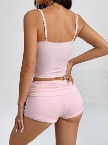 SHEIN PETITE Women's Lace Patchwork Casual Cami Top And Shorts - Pink - View 2