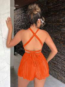 SHEIN SXY Women's Solid Color Halter Back Strap Jumpsuit For Holiday And Casual Wear Holiday Sexy Summer Beach Vacation Boho Women Outfit Pride Clothes Western Wear Birthday Outfit Bachelorette Party Concert Club