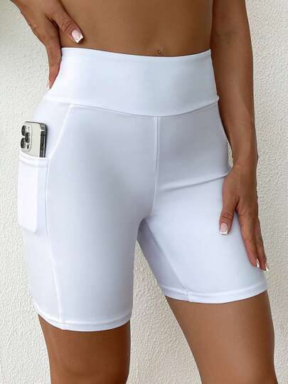 SHEIN Swim Bottom de traje de baño de mujer de unicolor con cintura ancha y bolsillos laterales, pieza individual de verano