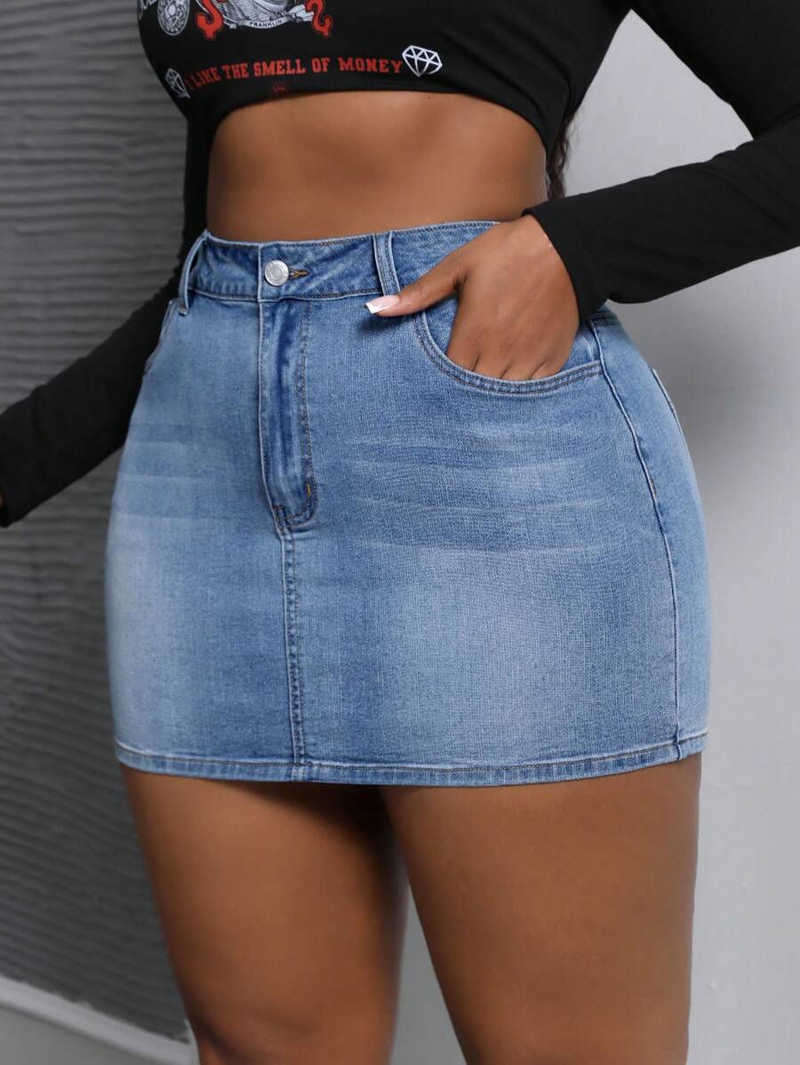 Slaydiva Plus High Waist Bodycon Denim Skirt For Daily Wear, For Summer - Light Wash - View 1