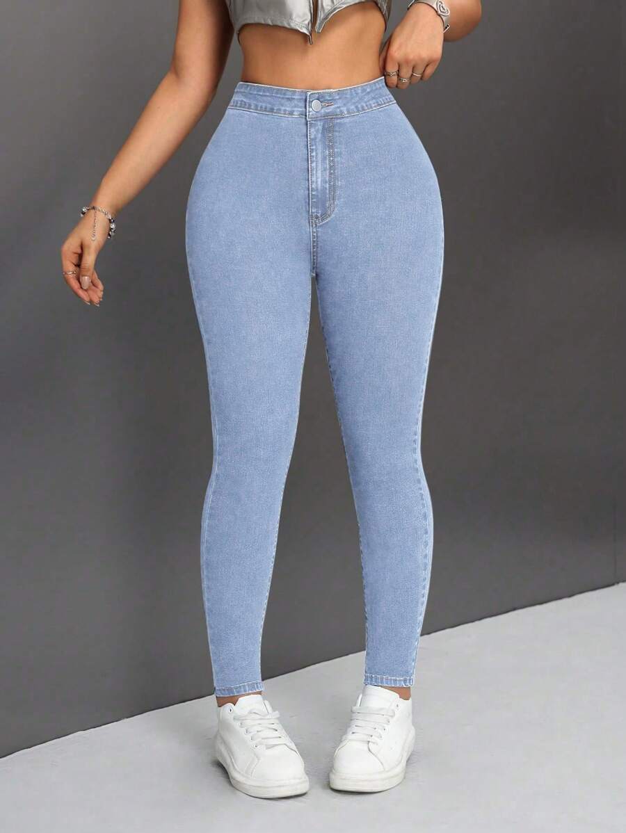 SHEIN PETITE Ladies' High Waisted Skinny Casual Denim Jeans - Light Wash - View 1