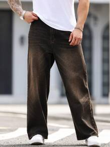 Manfinity Homme Pantaloni de denim cu picior largi pentru bărbați, retro, vintage, mărimi mari, blugi cargo largi, lungi, învechiți, gri închis, pentru soț, cadouri pentru iubit - Spălare întunecată - Vizualizare 3