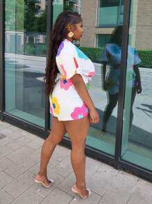 Slaydiva Vacation Summer Floral Print Deep V-Neck Batwing Sleeve Jumpsuit - Multicolor - View 2