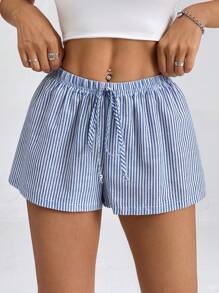 SHEIN PETITE Women's Striped Low-Rise Shorts For Summer Vacation Beach
