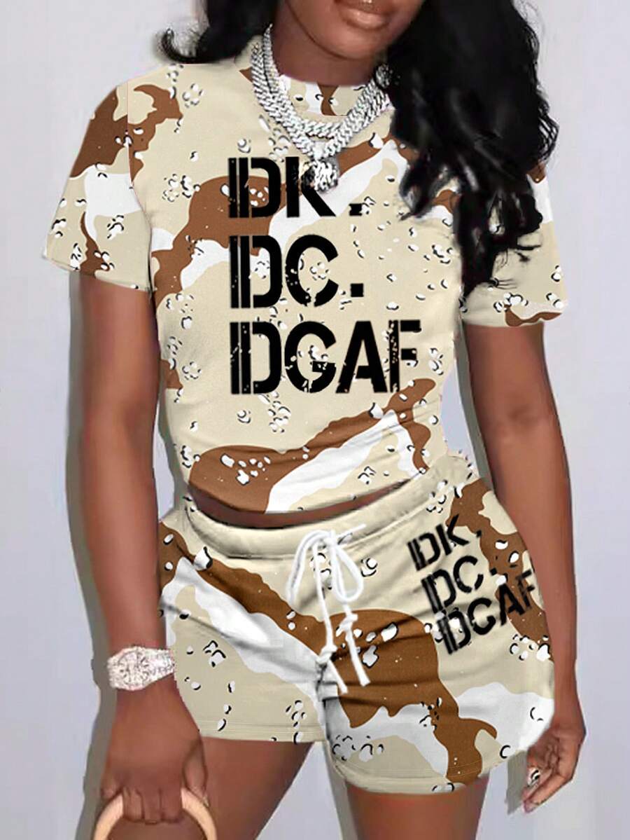LovelyWholesale 夏季休闲彩色块字母印花短袖T恤和短裤2件套 - 彩色 - 查看 1