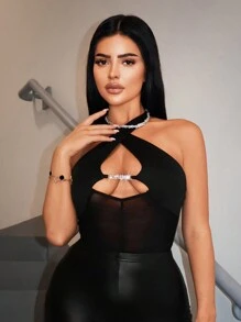 SHEIN SXY Sommerlicher, eleganter und sexy Damen-Bodysuit mit Mesh-Einsätzen, spielerischen Ausschnitten und halterlosem Design - Schwarz - Übersicht 3