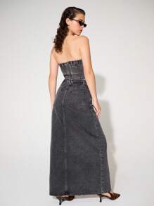WESTFADE Premium Non-Stretch Cotton Denim Maxi Skirt - Grey - View 5