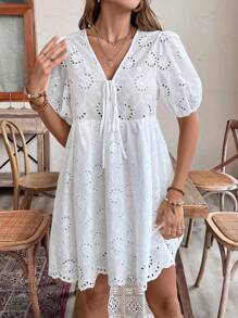 SHEIN Frenchy Eyelet Embroidery Knot Front Puff Sleeve Dress For Summer Vacation Women's Date Night Dress Earthy Clothes Old Money Summer Plain Bow Tie Texture Peter Pan Collar Dress Knotted Casual Short Sleeve Dress Tie Dress Puff Sleeves Babydoll Casual Dress Cute Summer Dress Back To School Clothes Fall Women Clothes 4th Of July Clothes White