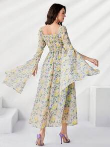 Mulvari Floral Print Ruched Bust Split Sleeve Arabian Dress