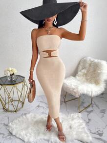 AIJ Amarilo Chic 女士长款紧身连衣裙，无肩带无袖设计，独特镂空和圆环造型，中等弹力面料