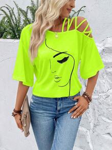 EMERY ROSE 女式夏季抽象脸部印花不对称领休闲 T 恤图案 T 恤女式上衣 - 綠色 - 查看 6