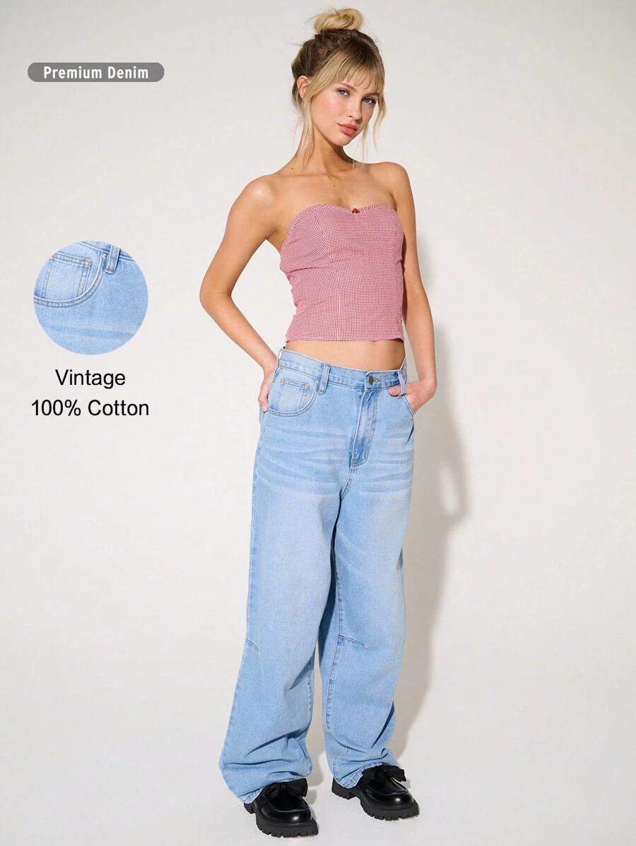 WESTFADE Quần Jeans Denim Baggy Không Co Giãn 100% Cotton Cao Cấp - Màu xanh nhạt - Xem 1