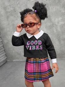 SHEIN Explorewe 2pcs Baby Girls' Cute Pink Plaid Woolen Outfit With Fun Print, Suitable For Casual Daily Wear In Autumn