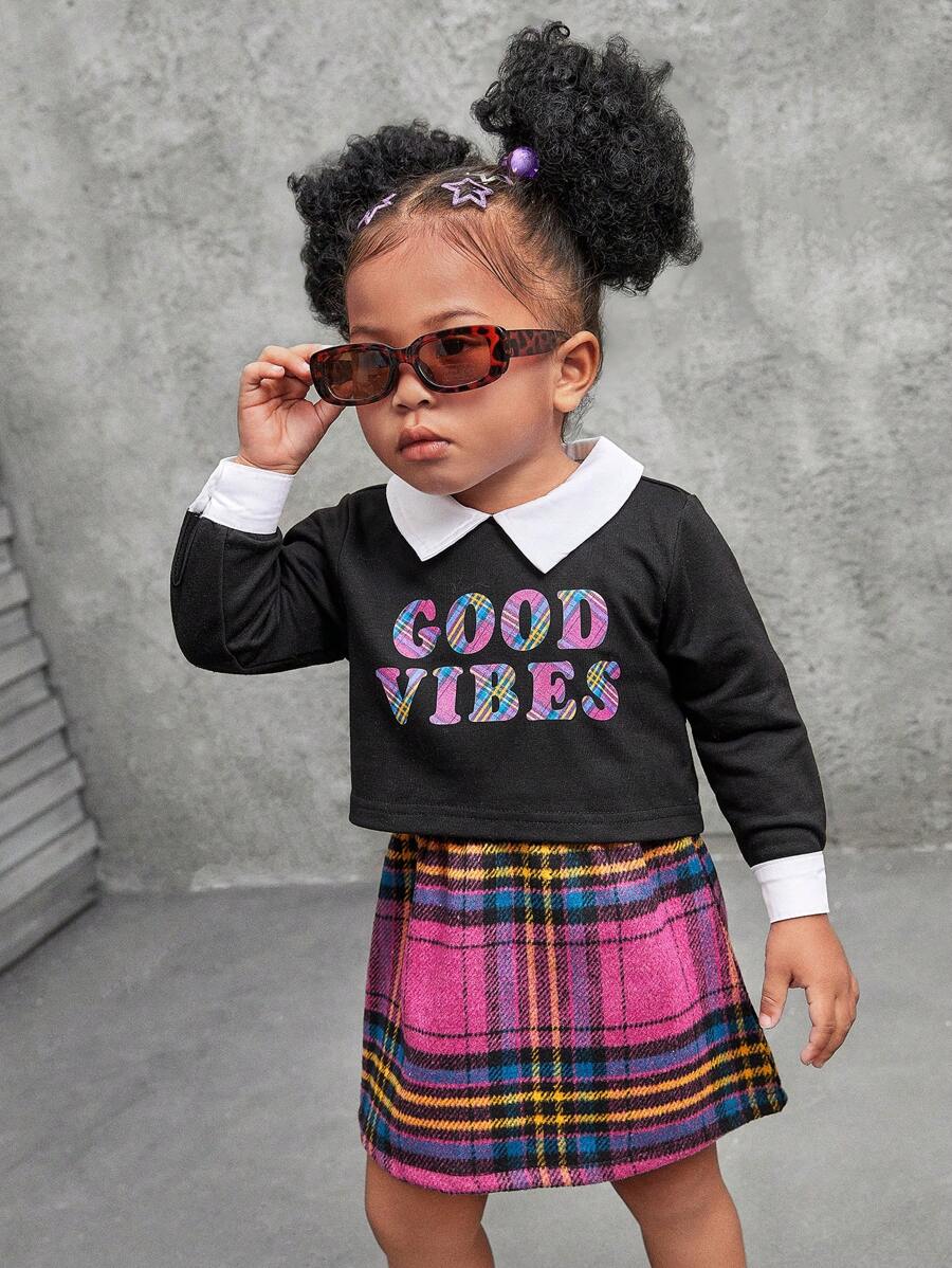 SHEIN Explorewe 2pcs Baby Girls' Cute Pink Plaid Woolen Outfit With Fun Print, Suitable For Casual Daily Wear In Autumn