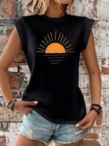 SHEIN LUNE Women's Summer Sunset Printed Round Neck Short Sleeve Casual T-Shirt - Black - View 7