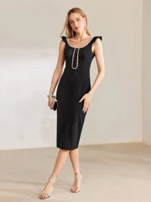 MOTF PREMIUM RHINESTONE DETAIL SPLIT HEM FITTED DRESS - Black - View 6