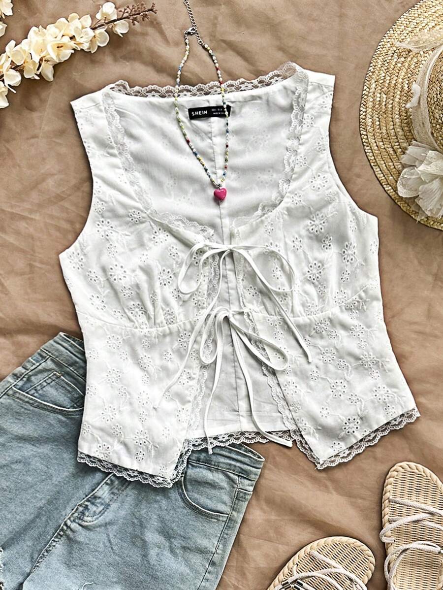 Soleia Women's White Floral Summer Boho Picnic Holiday Vacation Hollow Embroidered Bow Tie Lace Splicing Decoration Wedding Back To School Vest Shirt - White - View 1