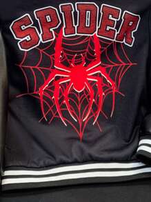 SHEIN Young Boy Fun Spider & Letter Printed Sleeve Patchwork Black PU Fabric Hooded Jacket With Red Contrast Color, Suitable For Autumn & Winter. Can Be Layered With Sweatshirts Or T-Shirts For Outings, Stylish, Comfortable And Cool., For Halloween Party,Holiday,Summer,Travel - Black - View 6