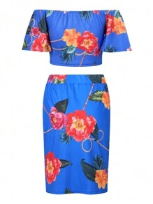 SHEIN Unity 隨機印花女性露肩折疊式夏季上衣和分裂式下擺裙2件套組