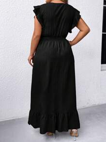 SHEIN Clasi 女式加大码纯色简约日常 V 领连衣裙长款女装 - 黑色 - 查看 2