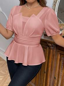 SHEIN Privé Plus Size Elegant And Exquisite Shirt For Spring/Summer Events, Dates, Parties, Vacations, And Outings, With Bud Design, Ruched Bubble Sleeves, And Loose Ruffle Hem - Pink - View 7