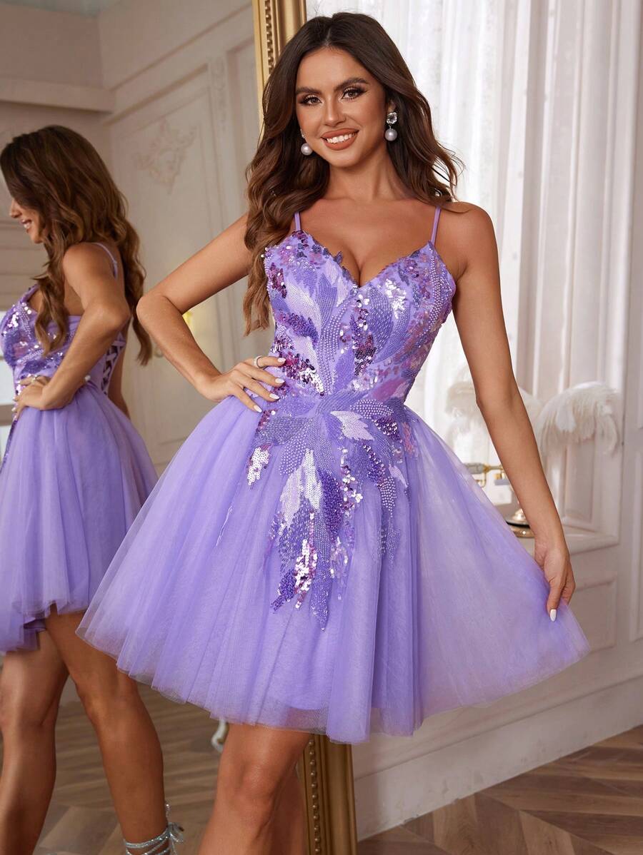 薰衣草色闪亮返校节礼服 青少年短款迷你长度奢华手工串珠舞会礼服 舞会礼服 优雅正式晚会婚礼宾客礼服，适合毕业典礼、晚宴 - 紫羅蘭色 - 查看 1