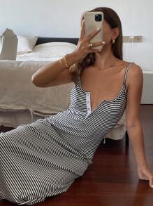 DAZY Striped Spaghetti Strap Dress With Waist Belt For Women Sundress,Casual Women Dresses Maxi Dress - Black - View 11