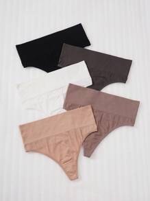 5pcs Romantic Collection Plain High-Waisted Women's Briefs, Seamless Sexy Panties - Multicolor - View 1