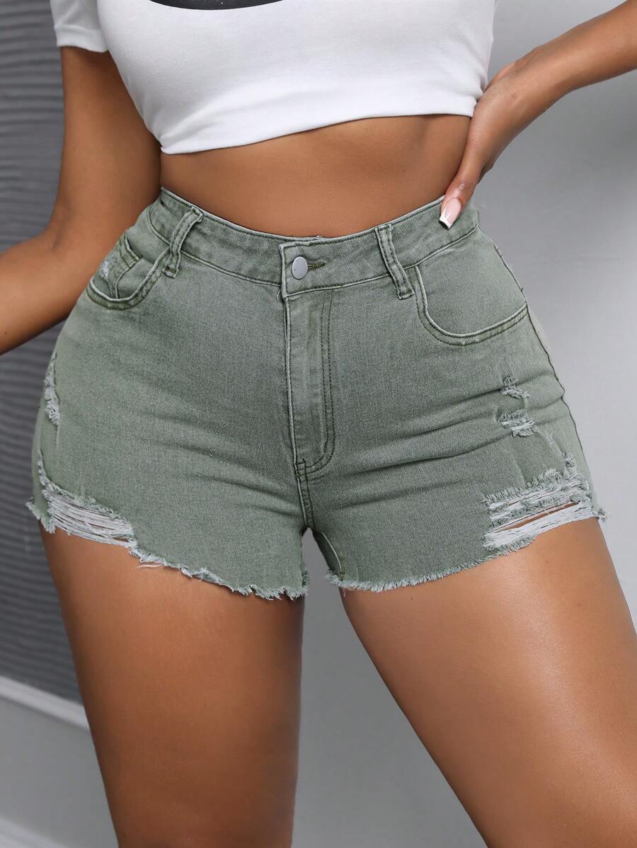 SHEIN ICON Plus Size Summer Casual Slim Fit Distressed Frayed Denim Shorts - Army Green - View 1