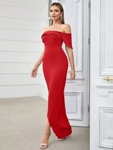 Elegant Off Shoulder Asymmetrical Sleeveless Dress Woman - Red - View 6