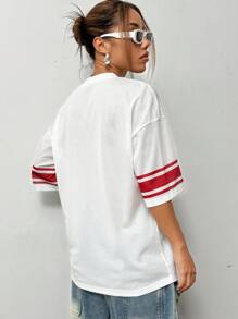 StreetHx Women's Summer Loose Fit V-Neck Digital Printed T-Shirt With Drop Shoulder And Mesh Panel Graphic Tees Women Tops - White - View 2