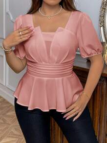 SHEIN Privé Plus Size Elegant And Exquisite Shirt For Spring/Summer Events, Dates, Parties, Vacations, And Outings, With Bud Design, Ruched Bubble Sleeves, And Loose Ruffle Hem - Pink - View 4