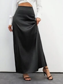 SHEIN Tall Women's Satin Long Skirt, Tall Women - Black - View 3
