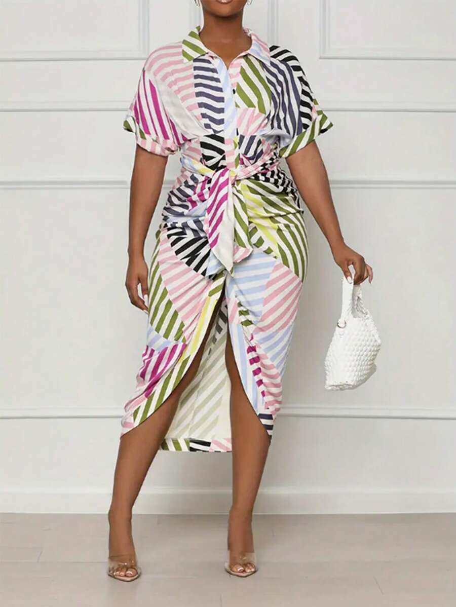SHEIN LUNE Plus Striped Print Batwing Sleeve Belted Shirt Dress For Summer - Multicolor - View 1