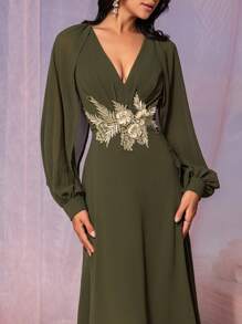 SHEIN Belle Women's Elegant And Dignified Green Chiffon Fabric, Deep V Neck, Gathered Chest, Slit Long Sleeves, Gold Applique Decoration, A-Line Hem Suitable For Wedding Events Formal Bridesmaid Dresses - Army Green - View 5