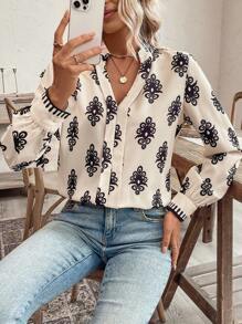 SHEIN Clasi Blusa con estampado total, cuello con escote en pico y mangas farol para mujer, ideal para vacaciones y tiempo libre