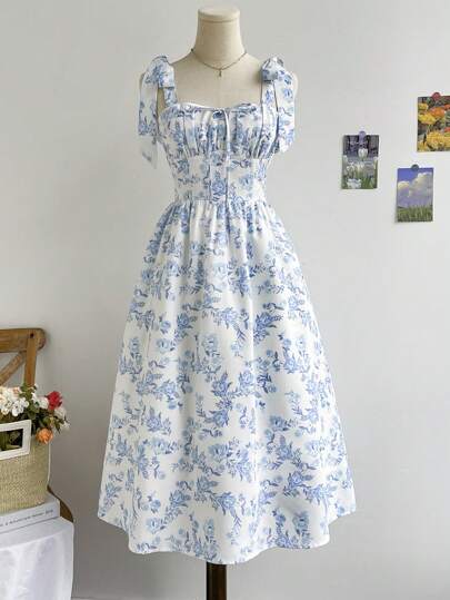 Soleia WYWH女士夏日假期休閒花卉印花荷葉邊絲雪紗吊帶連衣裙